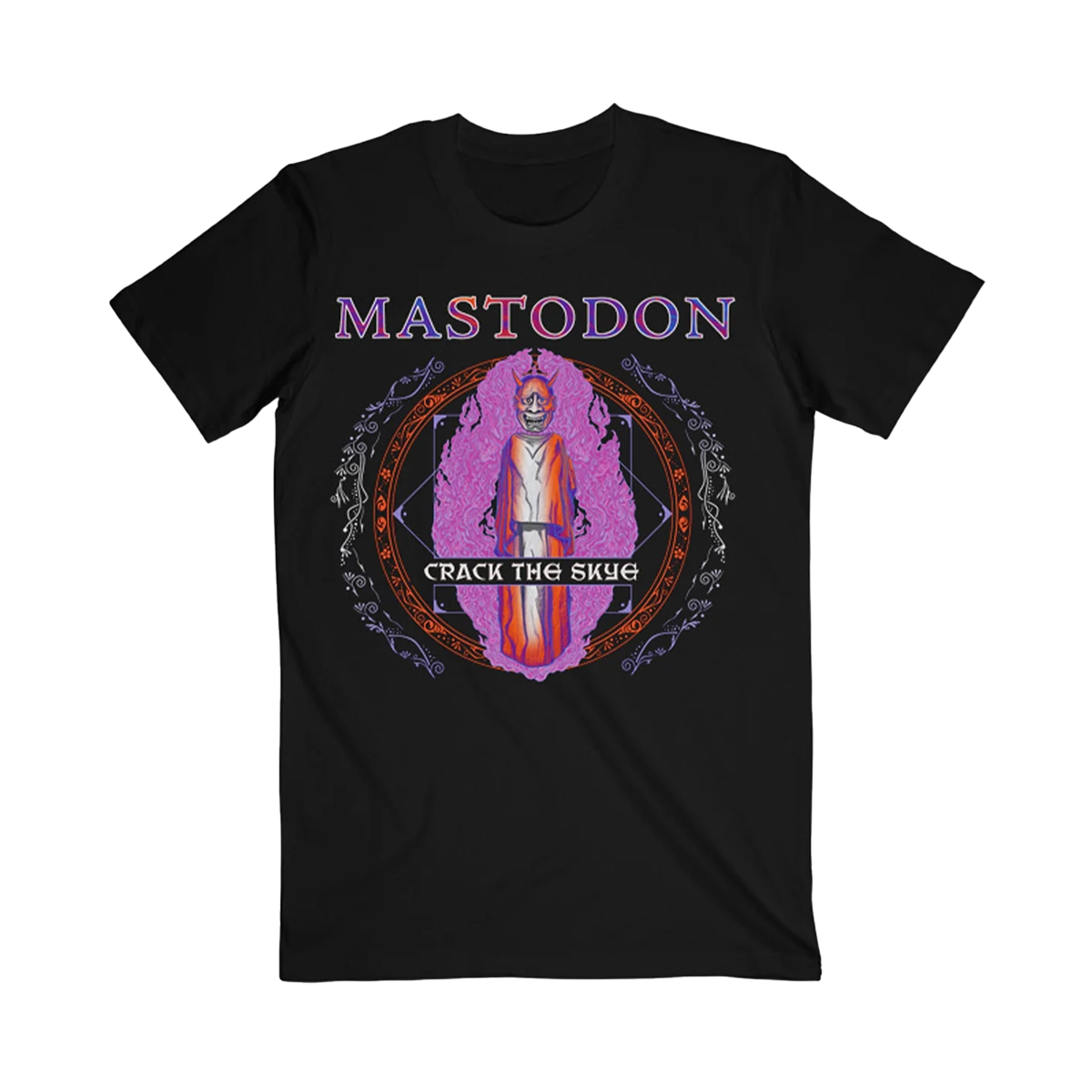 Black t-shirt with Mastodon band logo and text on a white background