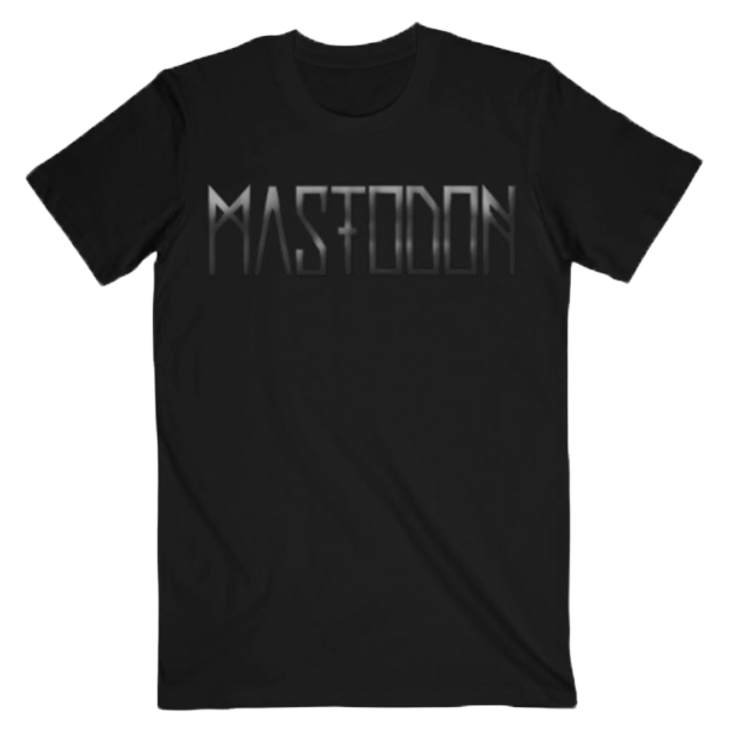 Black t-shirt with 'Mastodon' logo on a white background