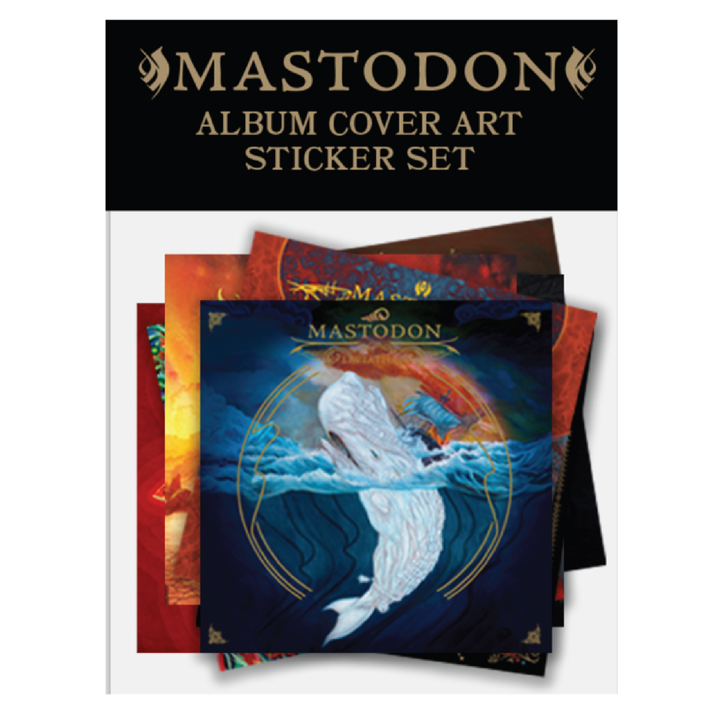 Mastodon album cover art sticker set with prominent branding on a white background