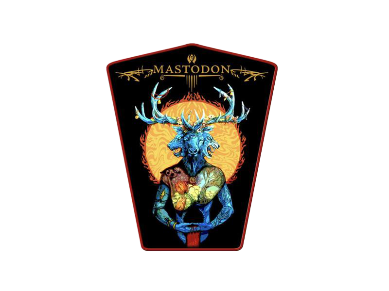 Mastodon band logo featuring a colorful creature with antlers on a black background