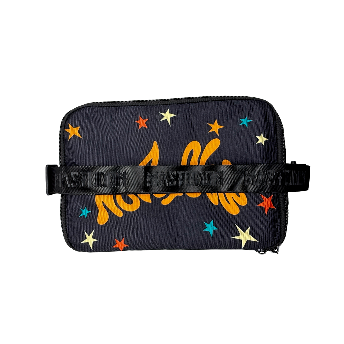 A black canvas pouch featuring a colorful starry space pattern with orange, yellow, and blue stars, a large orange script logo across the center, and a black elastic strap with 'MASHUP' printed repeatedly.