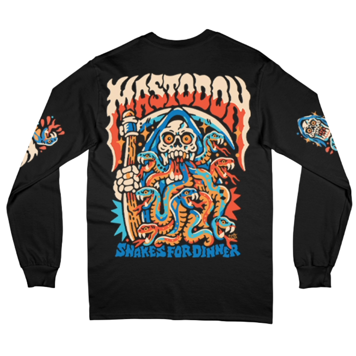 A black long sleeve tee featuring the Snakes For Dinner design in Mastodon’s signature heavy, psychedelic style. The front features a smaller chest graphic, while the back showcases an oversized skeletal illustration with vivid orange and blue detailing. Coordinating artwork runs down both sleeves for a fully designed finish from every angle.