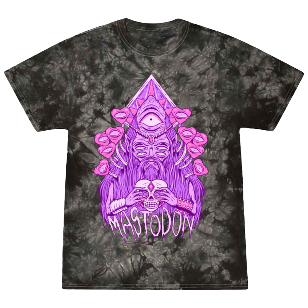 Tie-dye t-shirt with purple graphic design and 'Mastodon' text on a white background