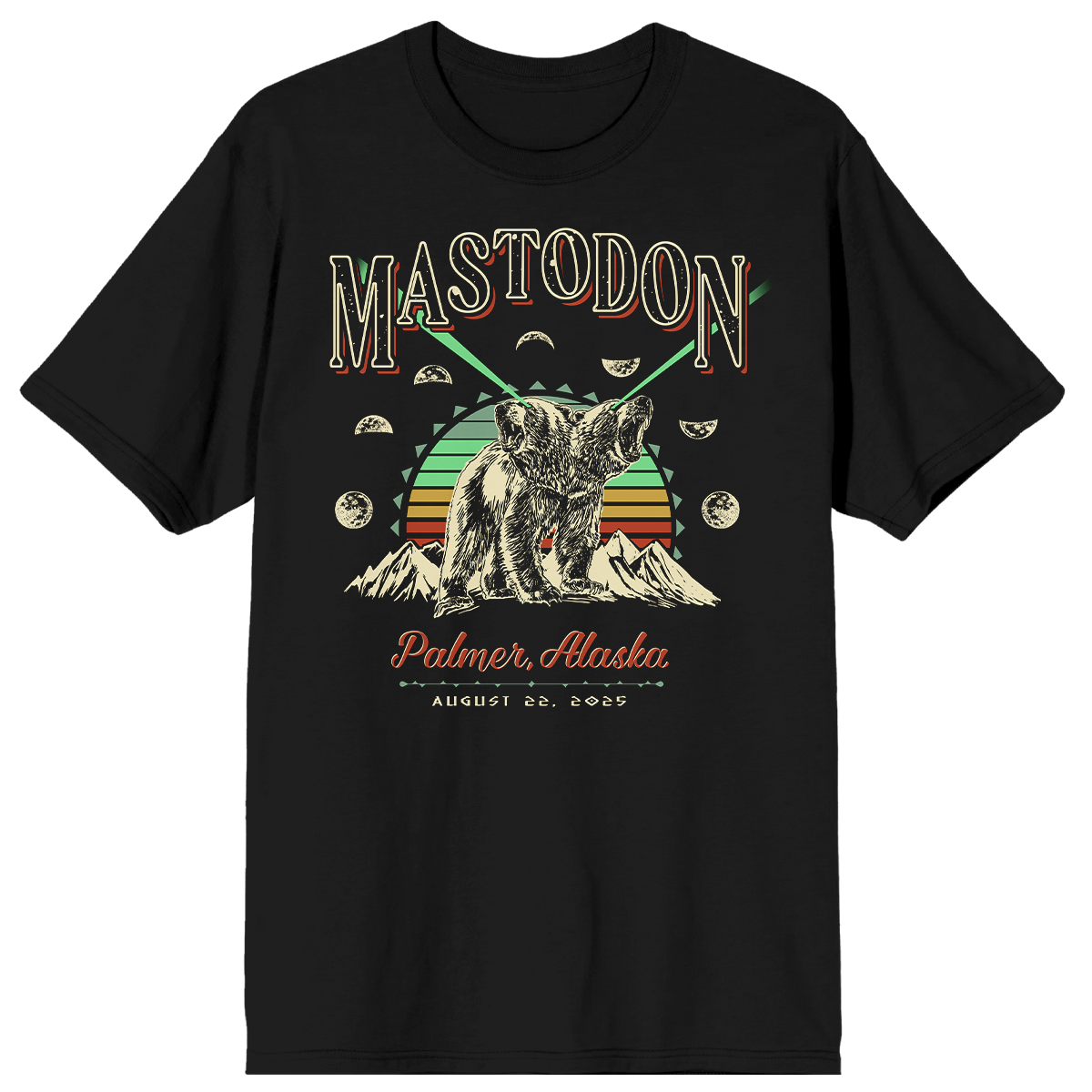 Black t-shirt with a graphic design of a bear, mountains, and text on a white background