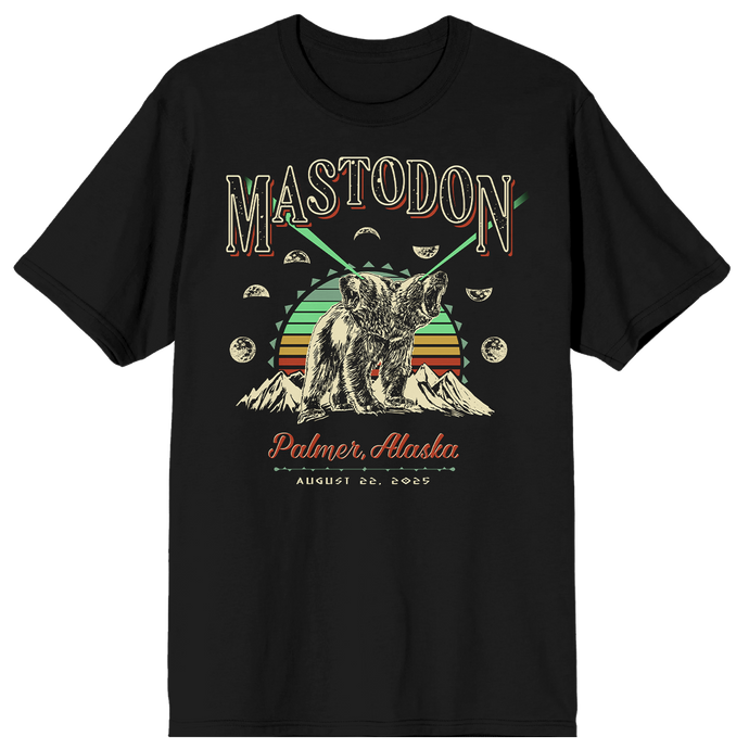 Black t-shirt with a graphic design of a bear, mountains, and text on a white background