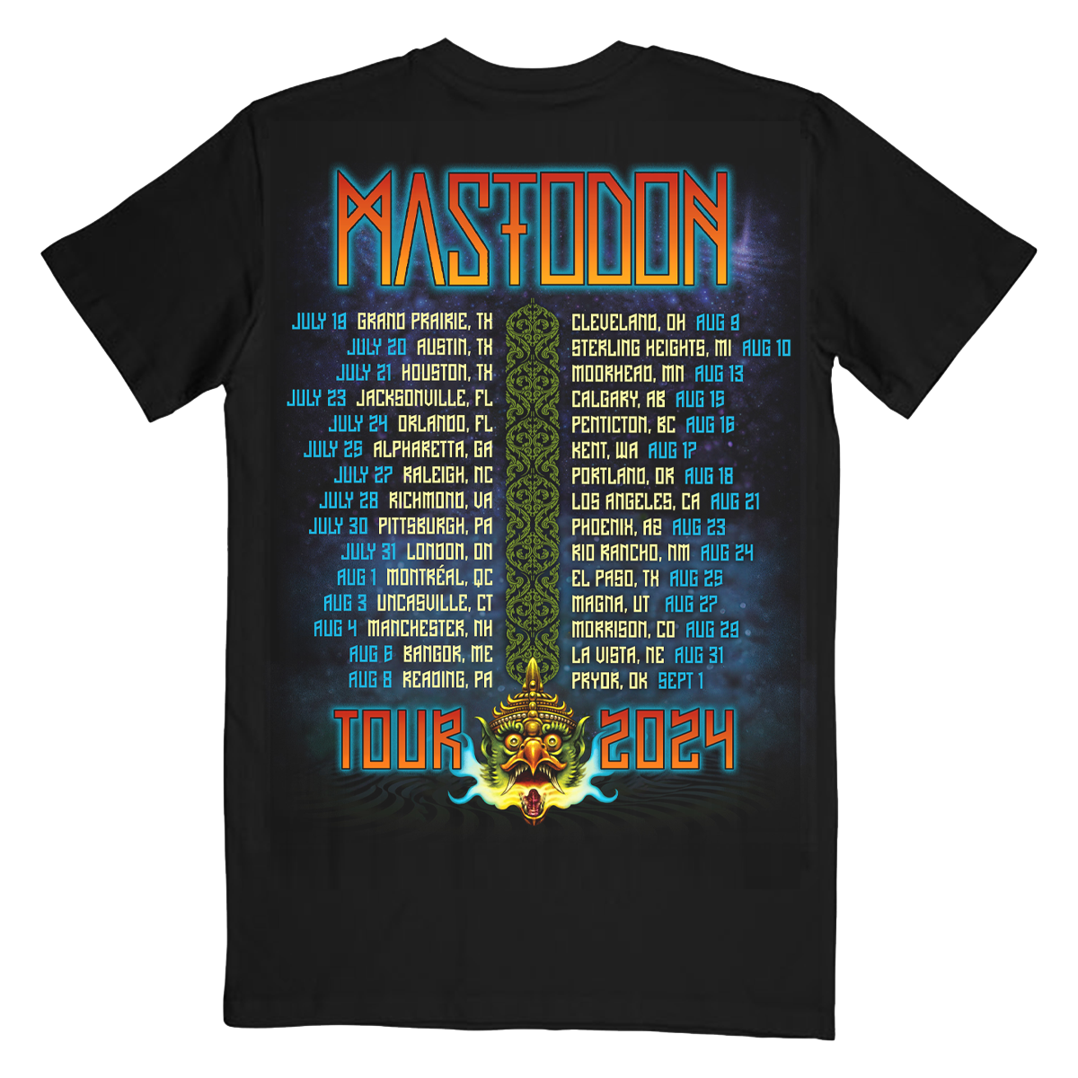 The Bird Creature Itin Tee features colorful artwork printed on the front, and US tour dates printed on the back.