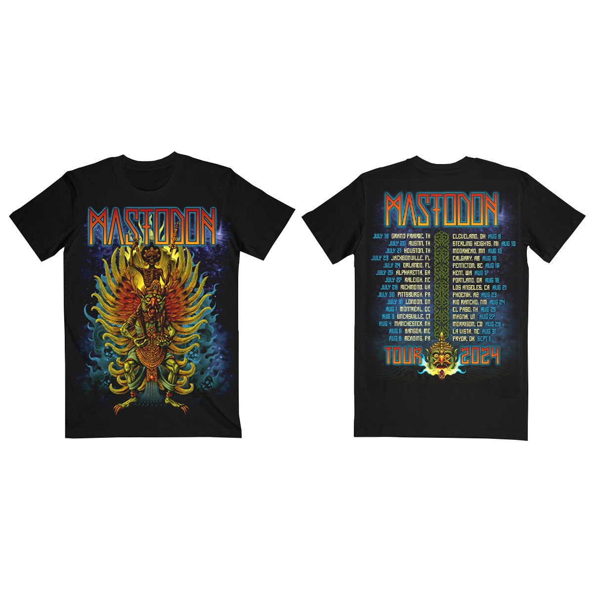 The Bird Creature Itin Tee features colorful artwork printed on the front, and US tour dates printed on the back.