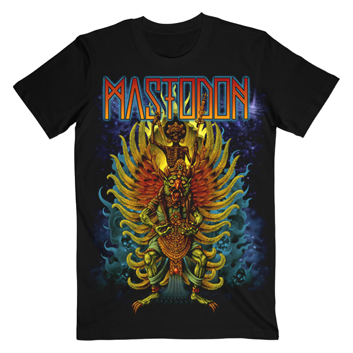 The Bird Creature Itin Tee features colorful artwork printed on the front, and US tour dates printed on the back.
