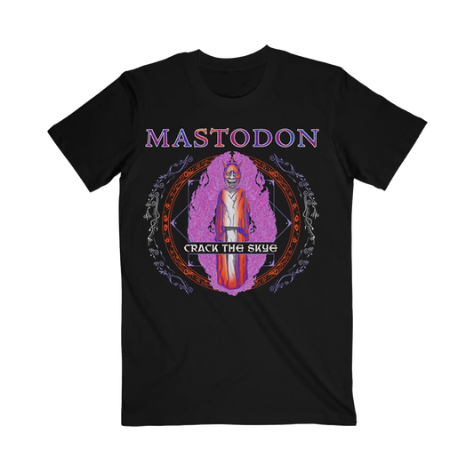 Black t-shirt with Mastodon band logo and text on a white background