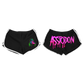 Front and Back of  the Mastodon Neon Asstodon shorts which has neon skull reaper artwork printed on the front and "Asston" printed in neon pink on the back. All graphics were designed by Chad James Keith.