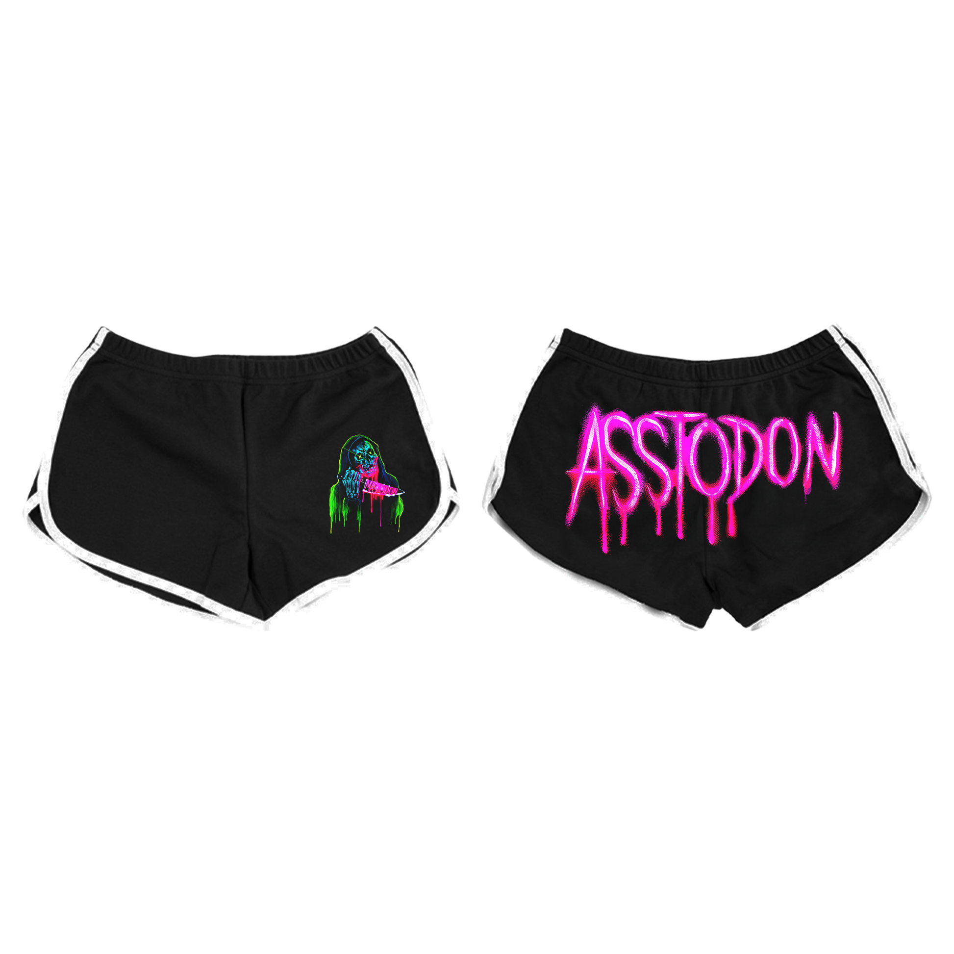 Front and Back of  the Mastodon Neon Asstodon shorts which has neon skull reaper artwork printed on the front and "Asston" printed in neon pink on the back. All graphics were designed by Chad James Keith.
