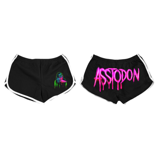 Front and Back of  the Mastodon Neon Asstodon shorts which has neon skull reaper artwork printed on the front and "Asston" printed in neon pink on the back. All graphics were designed by Chad James Keith.