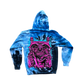 Blue and black tie-dye hoodie with a pink graphic design on the back against a white background
