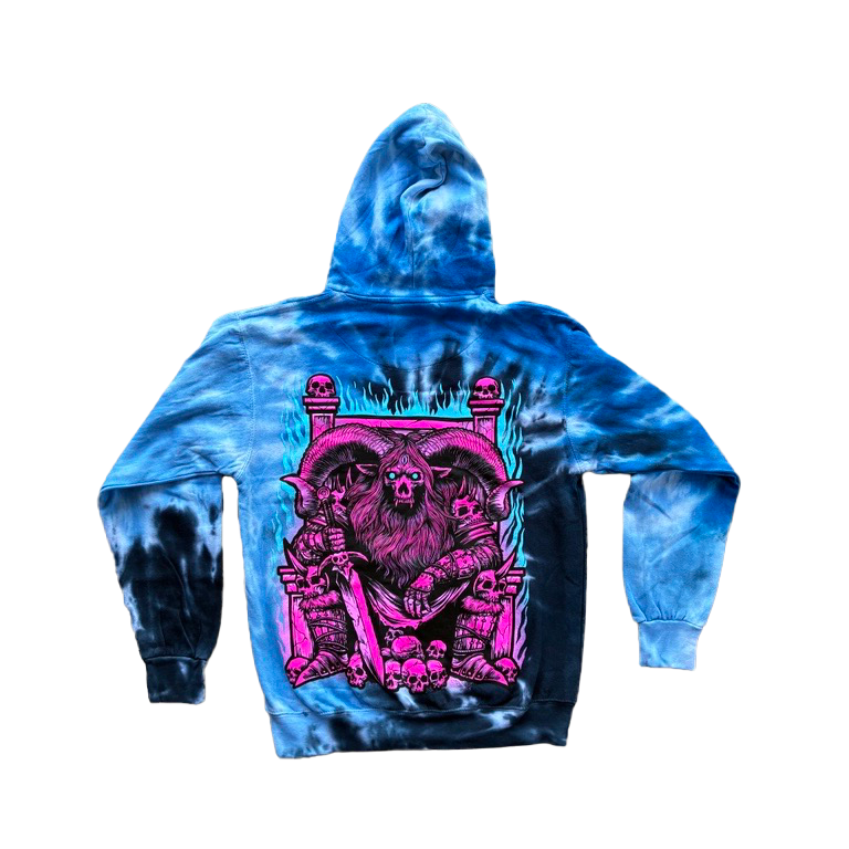 Blue and black tie-dye hoodie with a pink graphic design on the back against a white background
