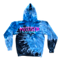 Blue and black tie-dye hoodie with 'Mastodon' text on a white background