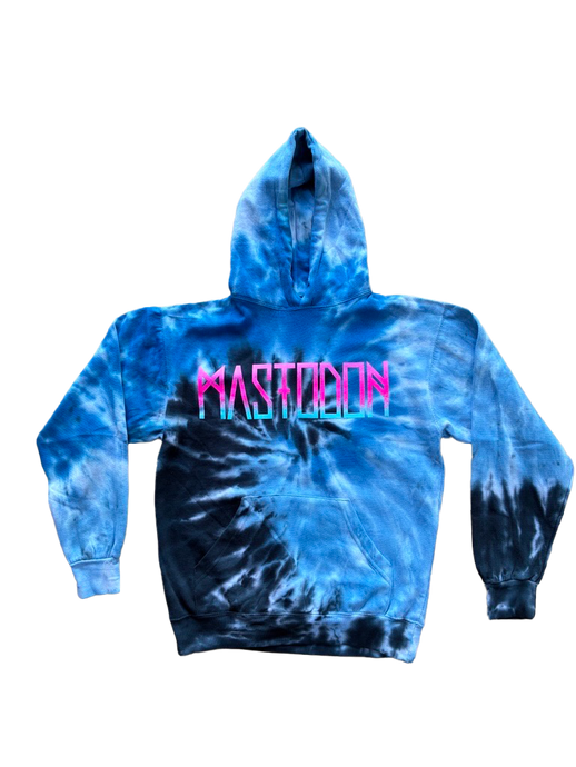 Blue and black tie-dye hoodie with 'Mastodon' text on a white background