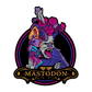 A stylized illustrated crest or logo featuring a screaming skull-like face with pink flowers in its hair, layered surreal faces, and the word "MASTODON" on an ornate banner below, all on a black background.