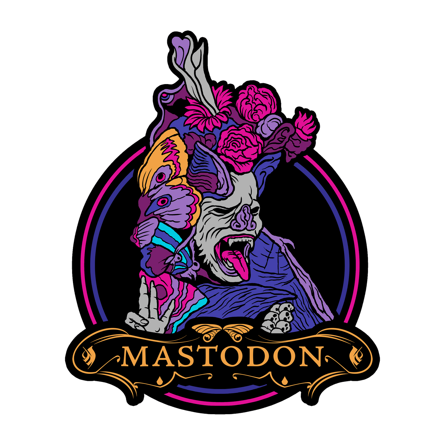 A stylized illustrated crest or logo featuring a screaming skull-like face with pink flowers in its hair, layered surreal faces, and the word "MASTODON" on an ornate banner below, all on a black background.