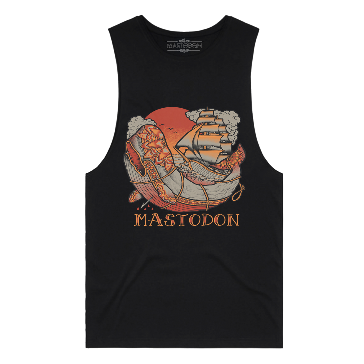 Black muscle tee with a whale tattoo and the word 'Mastodon' printed on the front.