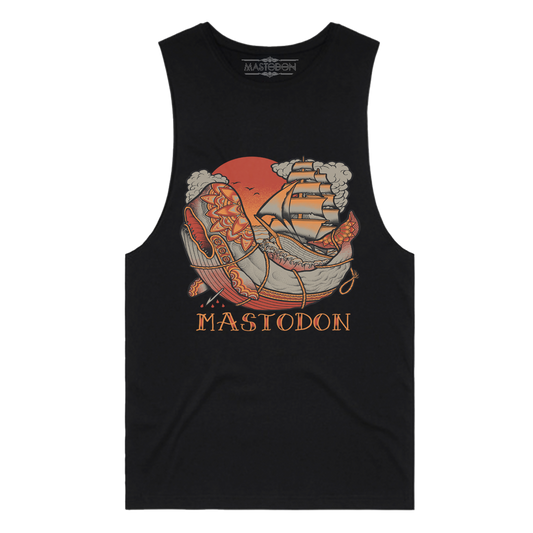 Black muscle tee with a whale tattoo and the word 'Mastodon' printed on the front.