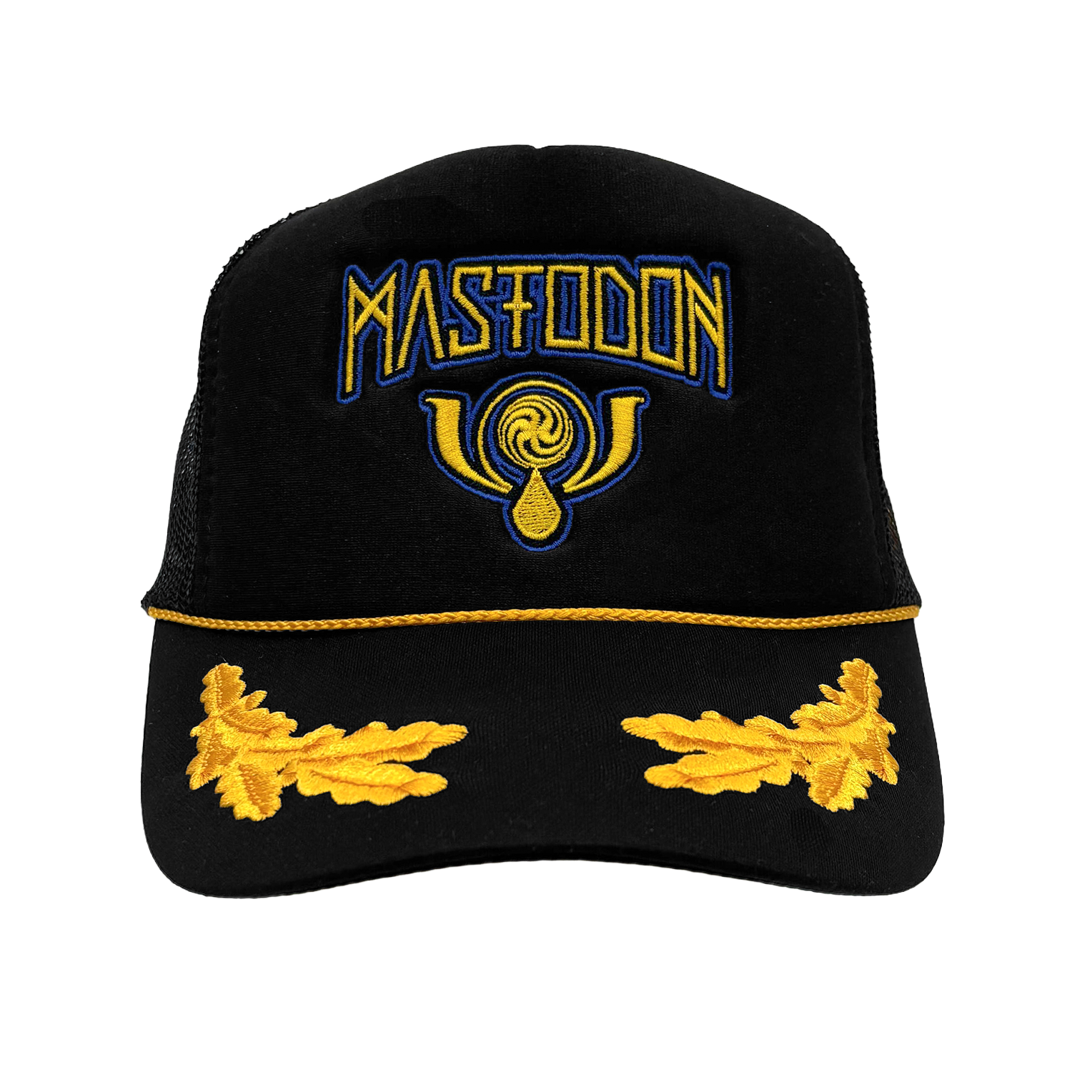 Black cap with yellow and blue embroidery on a white background