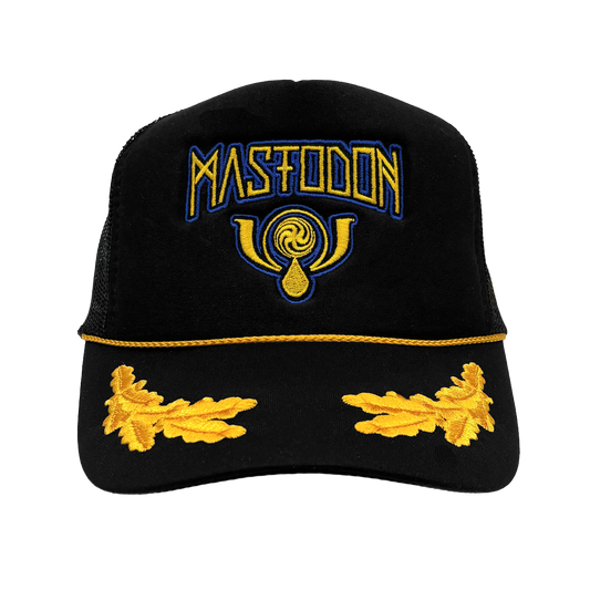 Black cap with yellow and blue embroidery on a white background
