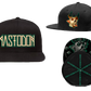 Black caps with Mastodon logo and other designs on a white background