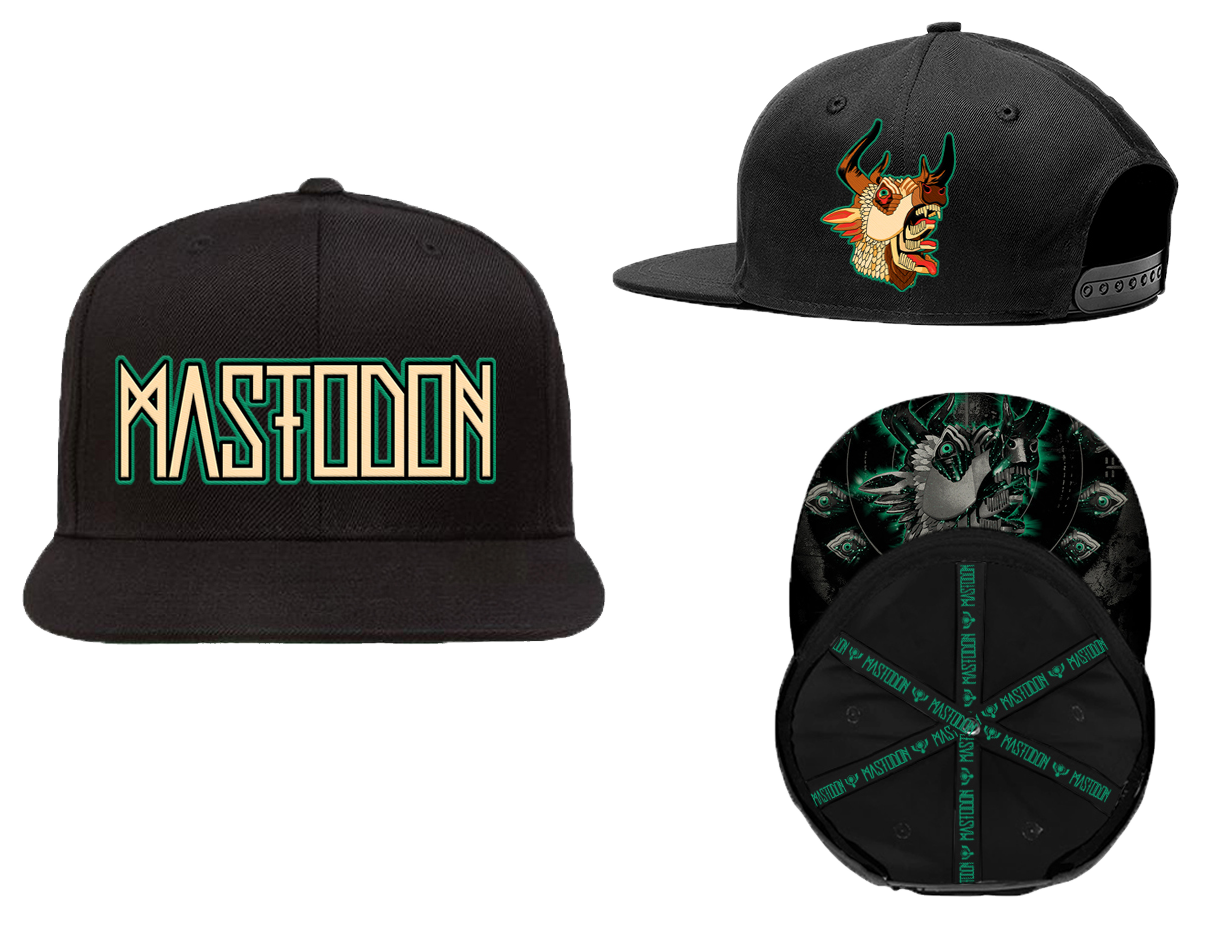 Black caps with Mastodon logo and other designs on a white background