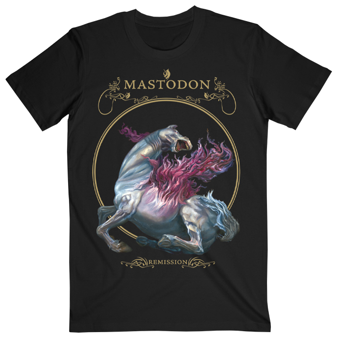 The Mastodon Vignette Horse Remission Tee features artwork inspired by the band’s debut album, making it a great addition for fans who appreciate Mastodon's early work and signature style.