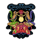 A colorful graphic sticker or decal featuring the word 'MASTODON' at the top with a stylized central illustration of a horned creature and large moths in bright neon-like colors on a black background.