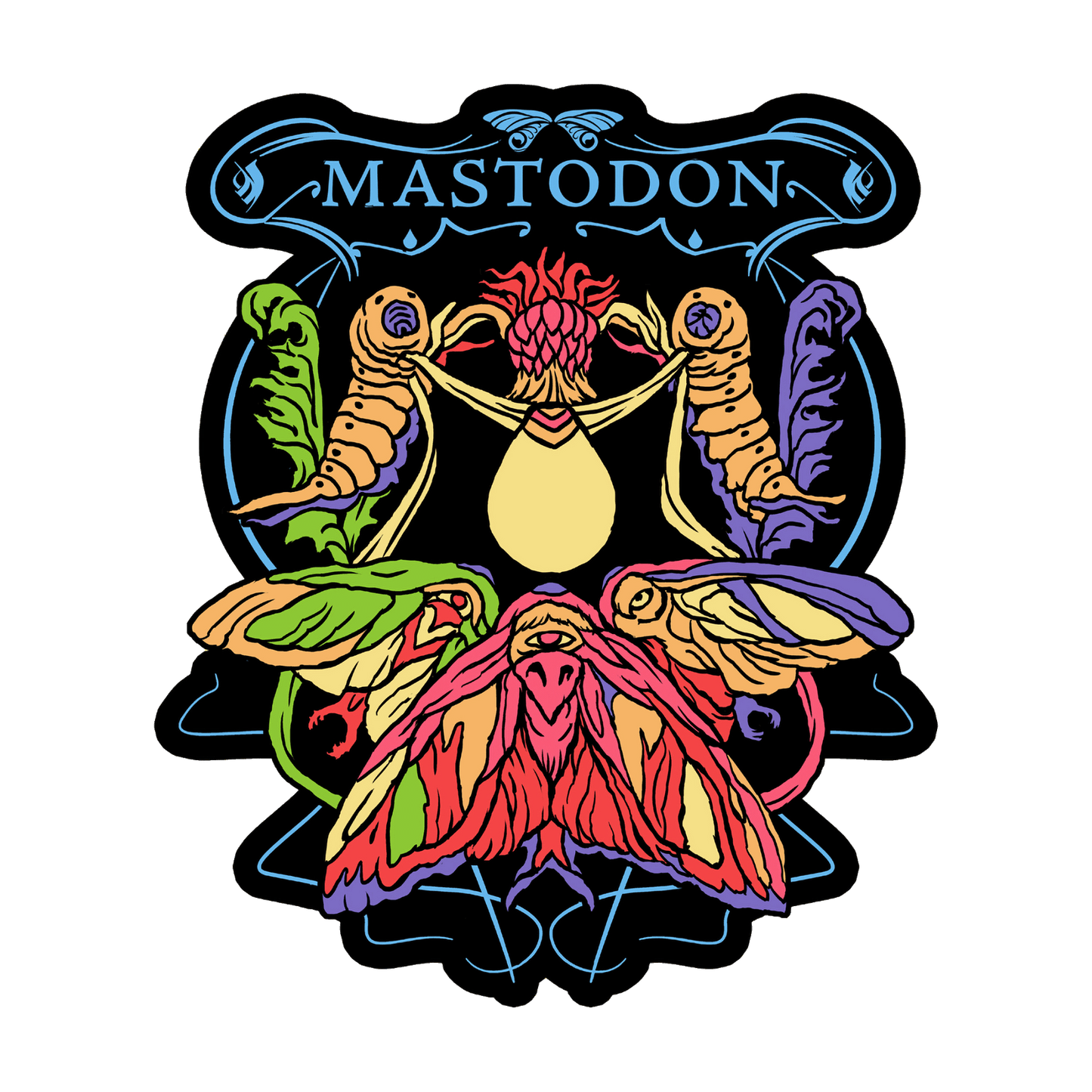 A colorful graphic sticker or decal featuring the word 'MASTODON' at the top with a stylized central illustration of a horned creature and large moths in bright neon-like colors on a black background.