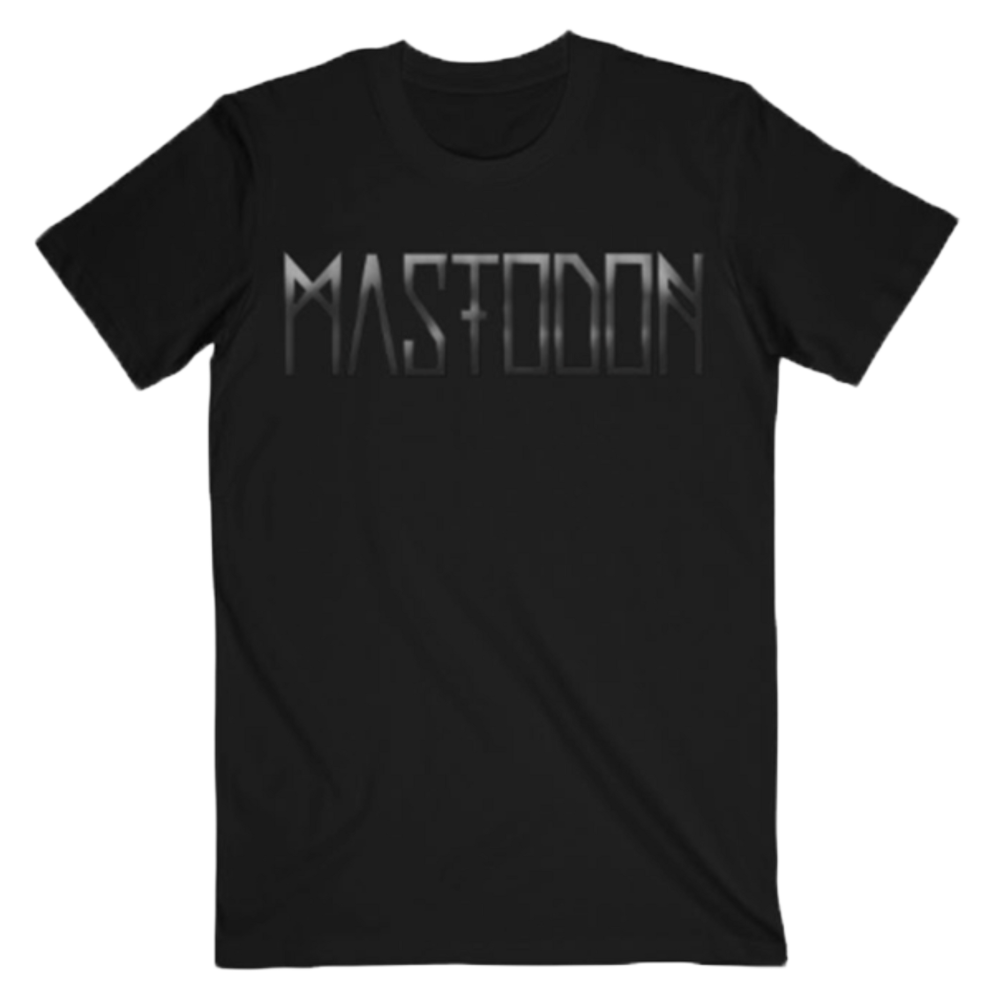 Black t-shirt with 'Mastodon' logo on a white background