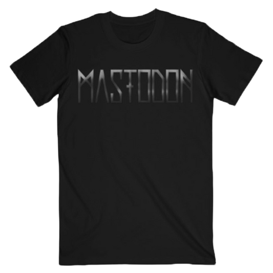 Black t-shirt with 'Mastodon' logo on a white background