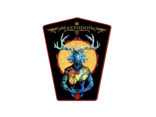 Mastodon band logo featuring a colorful creature with antlers on a black background