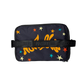A black canvas pouch featuring a colorful starry space pattern with orange, yellow, and blue stars, a large orange script logo across the center, and a black elastic strap with 'MASHUP' printed repeatedly.