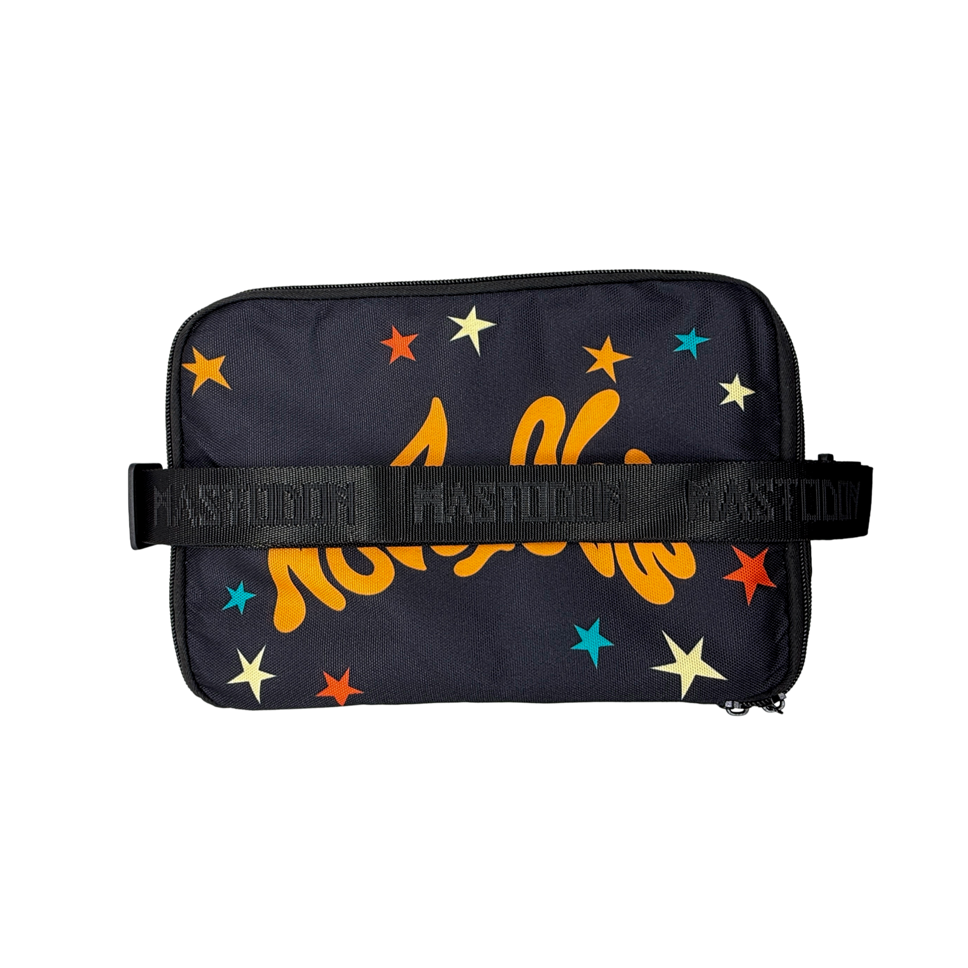 A black canvas pouch featuring a colorful starry space pattern with orange, yellow, and blue stars, a large orange script logo across the center, and a black elastic strap with 'MASHUP' printed repeatedly.