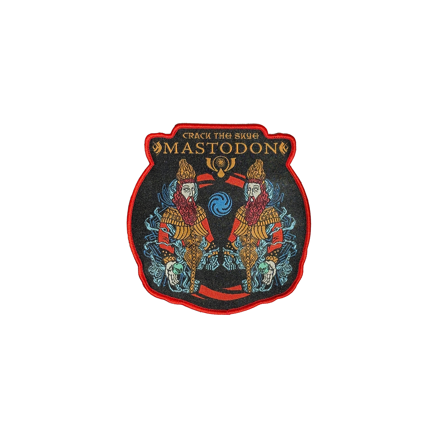 A woven patch featuring the iconic mirrored wizard artwork from Mastodon's album Crack the Skye, with a bold, colorful design.