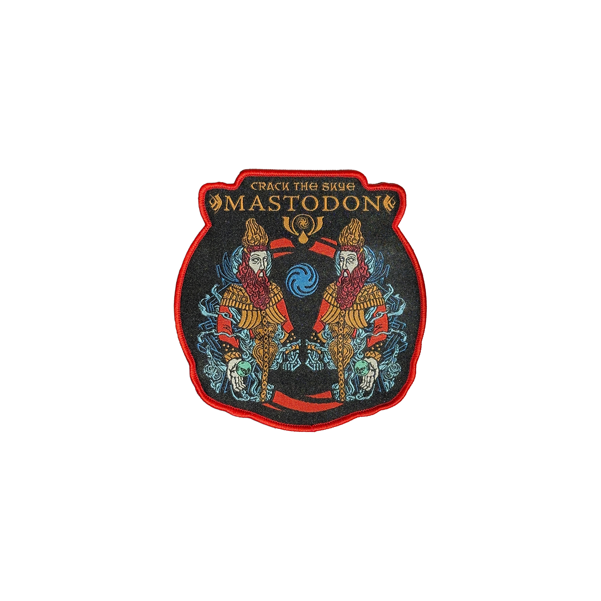 A woven patch featuring the iconic mirrored wizard artwork from Mastodon's album Crack the Skye, with a bold, colorful design.