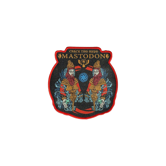 A woven patch featuring the iconic mirrored wizard artwork from Mastodon's album Crack the Skye, with a bold, colorful design.