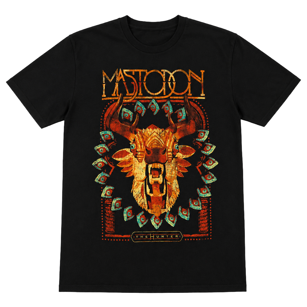 Black t-shirt with a graphic design of a bull's head and 'Mastodon' text on a white background