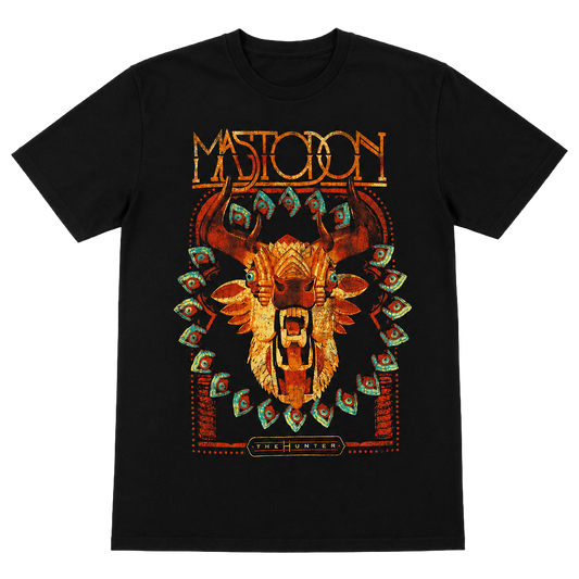 Black t-shirt with a graphic design of a bull's head and 'Mastodon' text on a white background