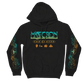 Black hoodie with colorful graphics and text on a white background