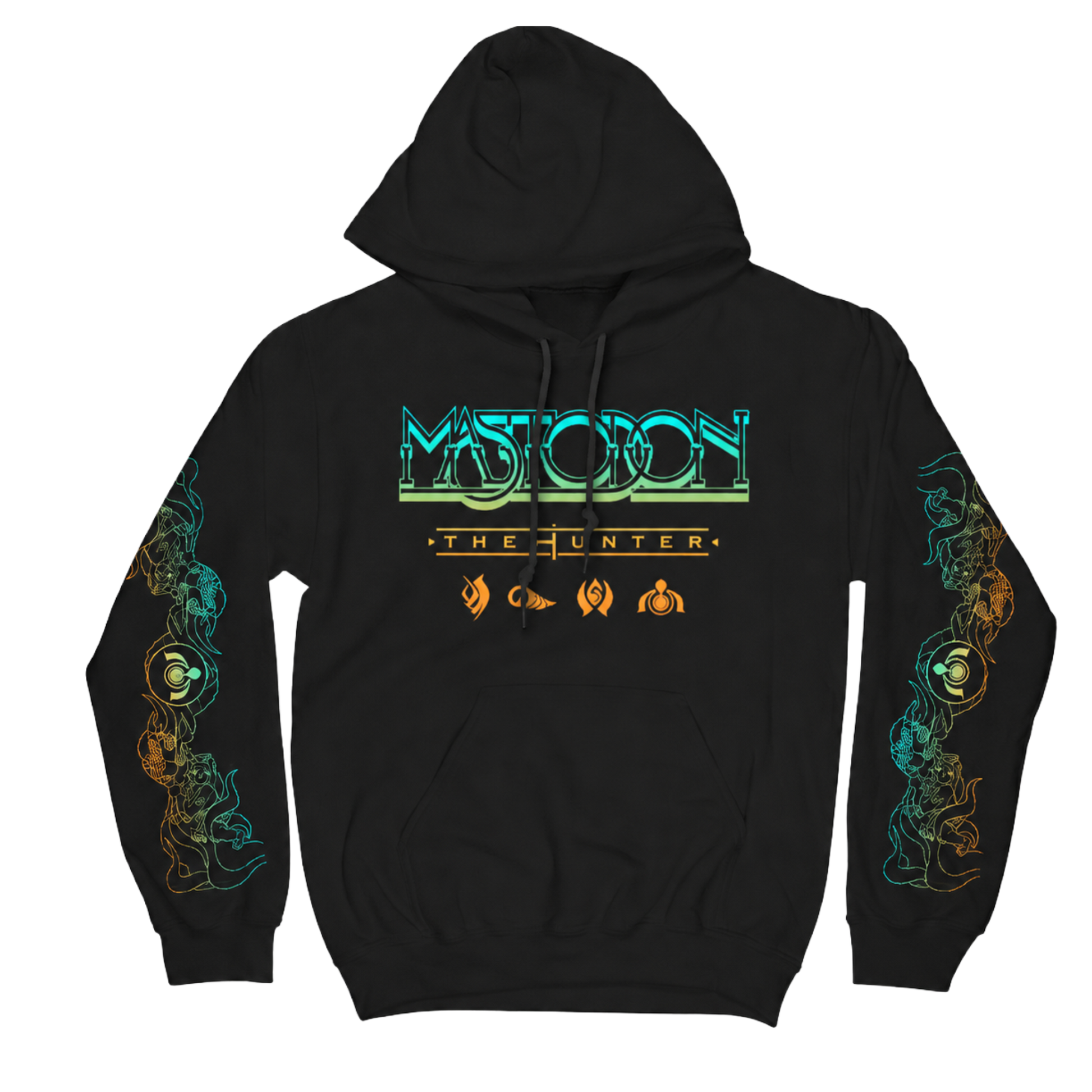 Black hoodie with colorful graphics and text on a white background