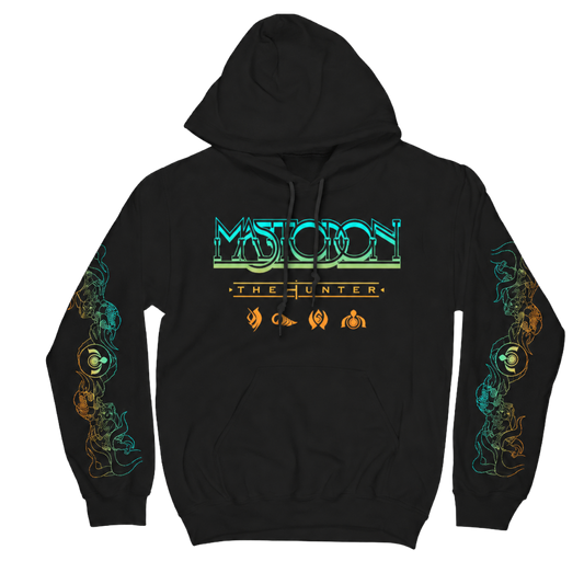 Black hoodie with colorful graphics and text on a white background
