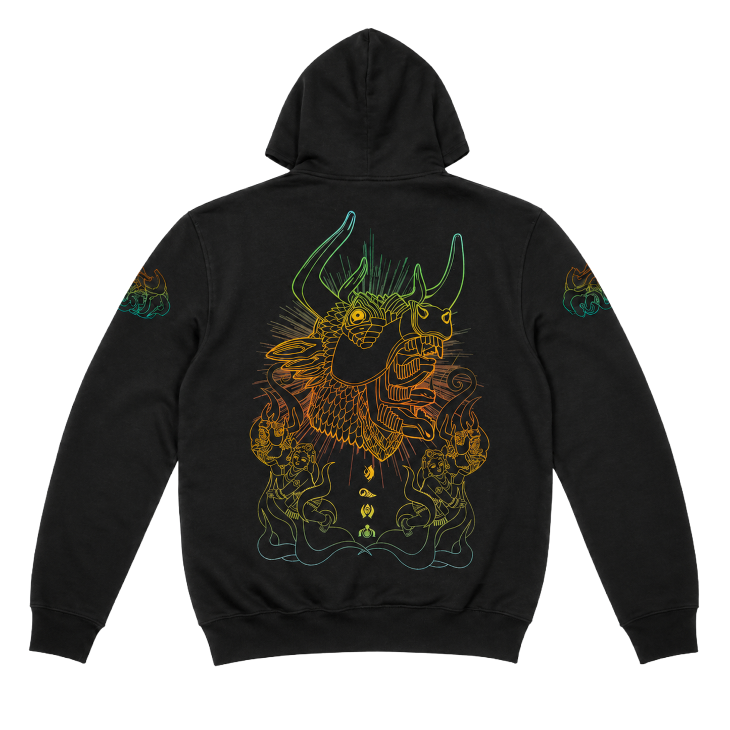 Black hoodie with a colorful dragon design on the back against a white background