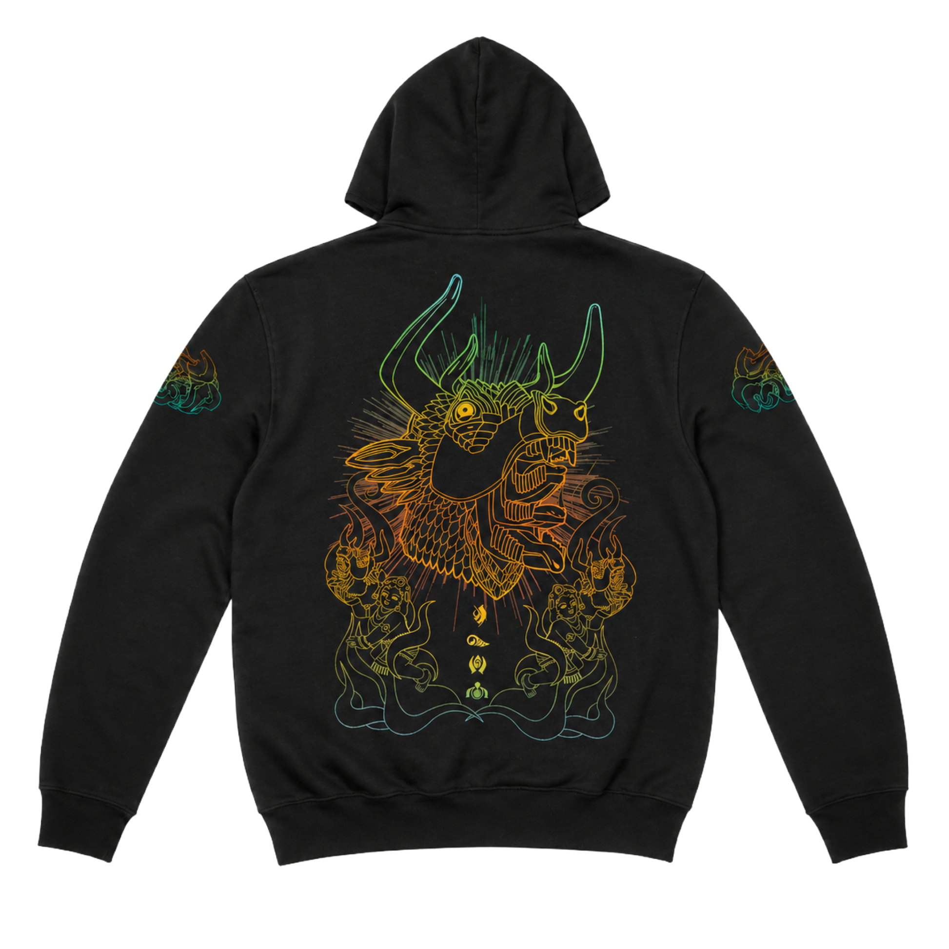 Black hoodie with a colorful dragon design on the back against a white background