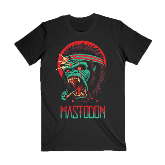 A black t-shirt featuring a colorful front artwork with a stylized Mastodon logo and a depiction of a monkey with a gun.