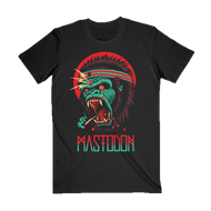 A black t-shirt featuring a colorful front artwork with a stylized Mastodon logo and a depiction of a monkey with a gun.