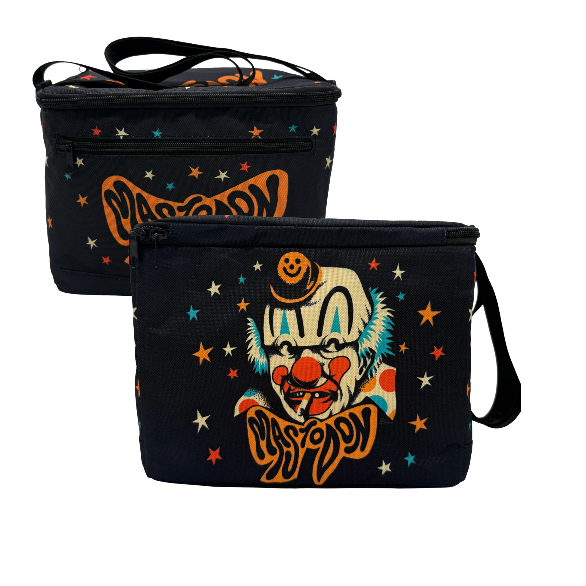 Two black insulated lunch bags with colorful star patterns and a horror clown graphic on the front, displayed against a plain white background.