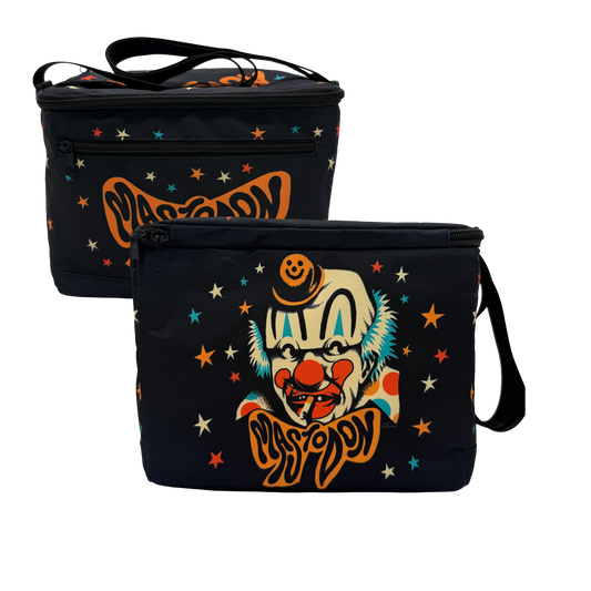 Two black insulated lunch bags with colorful star patterns and a horror clown graphic on the front, displayed against a plain white background.